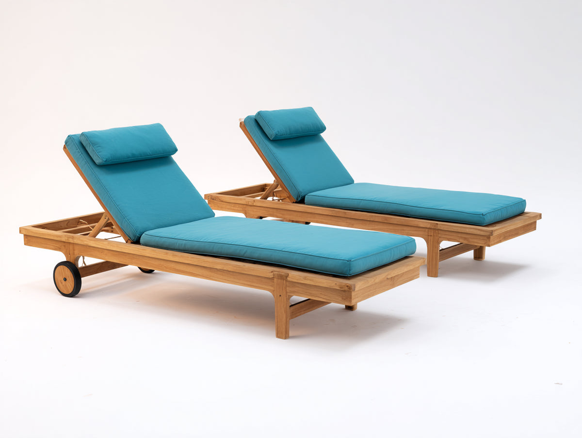 Sonnenliege Holz 200x70x38 cm - Naturholz-Türkis - 2er Set Sonnenliegen mit verstellbarer Rückenlehne Kopfkissen und Rollen