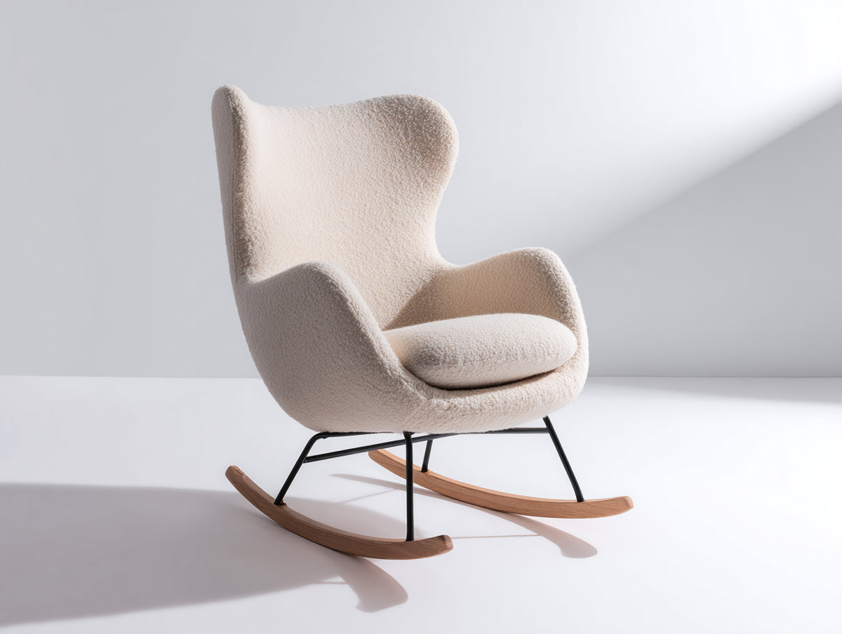 Schaukelstühle Bouclé 80x92x105 cm - Cremeweiß-Naturholz-Schwarz - Gepolsterter Schaukelstuhl mit hoher Flügelrückenlehne und Holzkufen