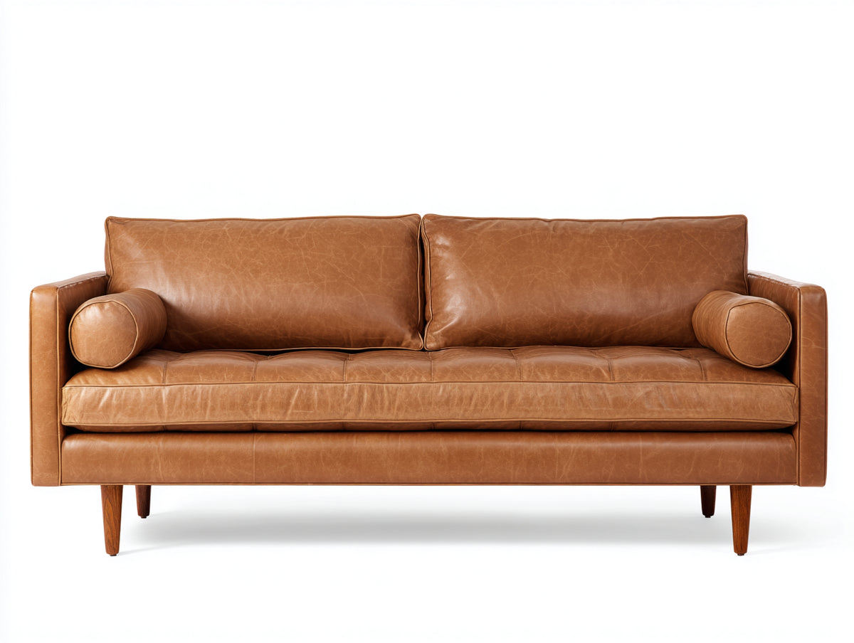 Zweisitzer Sofa Leder 180x88x82 cm - Cognacbraun - Modernes Sofa mit Zylinderkissen und schlanken Holzfüßen