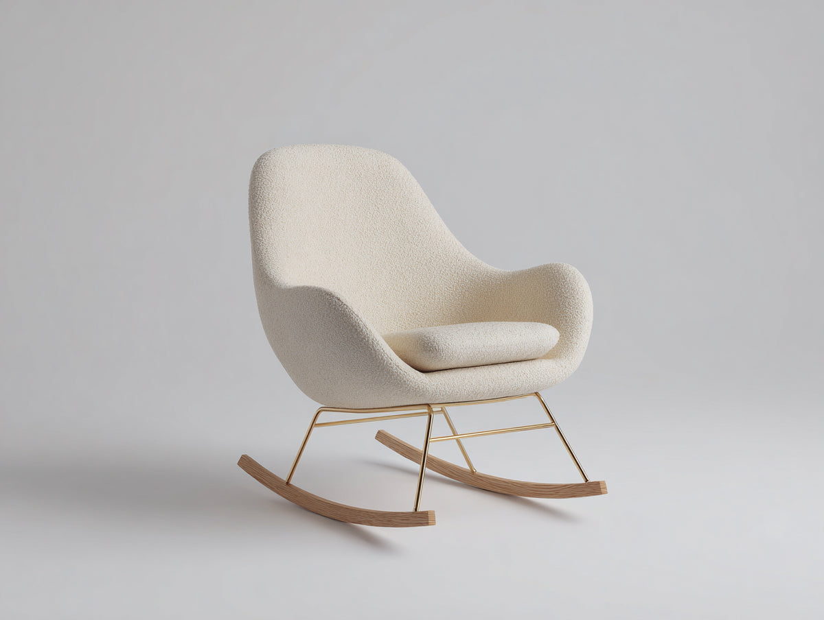 Schaukelstühle Bouclé 76x88x90 cm - Cremeweiß-Naturholz-Gold - Gepolsterter Schaukelstuhl mit geschwungener Sitzschale und Holzkufen