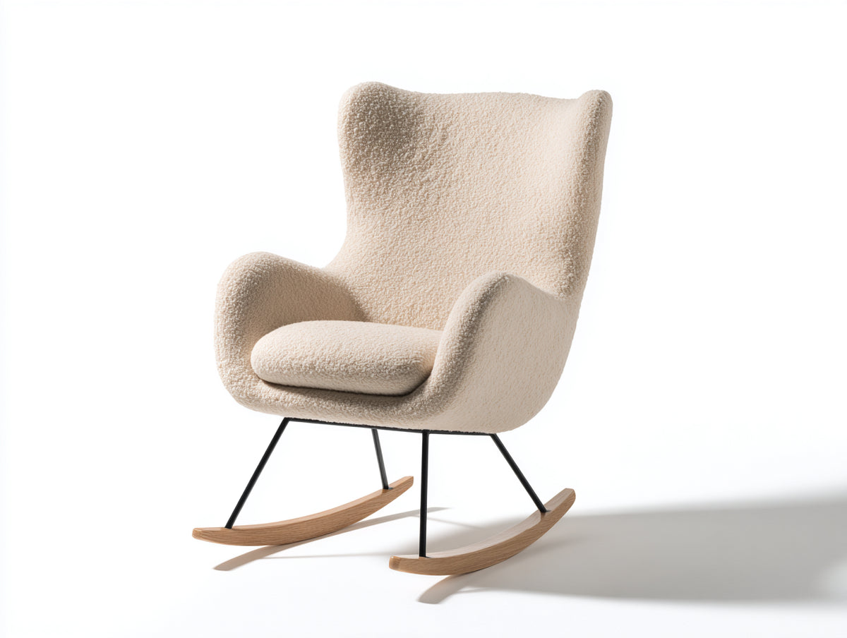 Schaukelstühle aus Bouclé Stoff und Metall 85x90x100 cm - Cremeweiß - modernes Design mit Holz Kufen