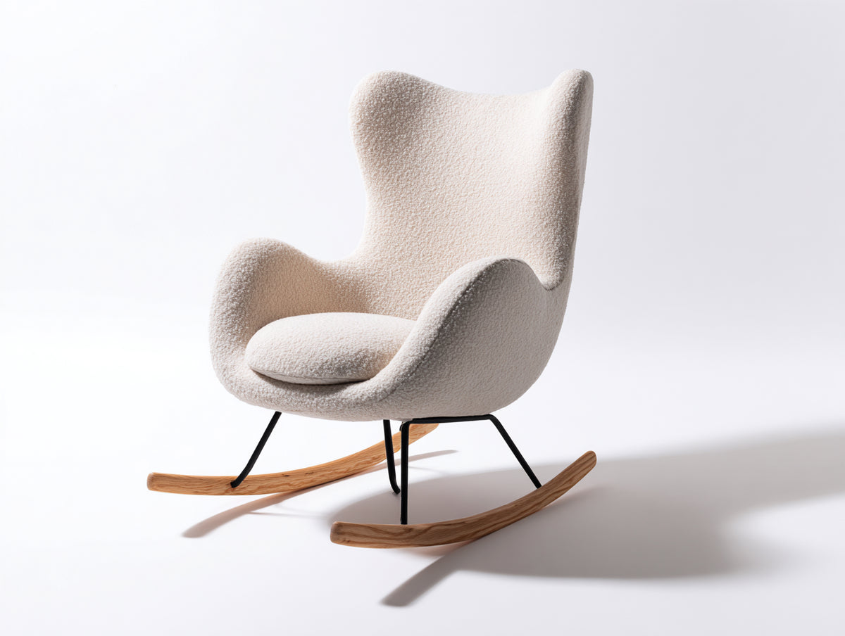 Schaukelstuhl aus Bouclé Stoff 85 x 95 x 100 cm - Cremeweiß - moderner Relaxsessel mit Holzschaukelfunktion