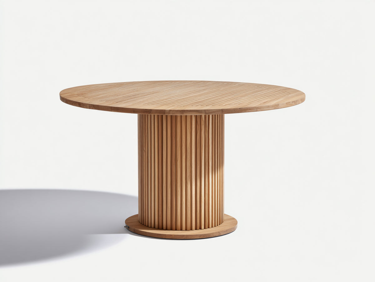 Gartentisch Holz 120x120x75 cm - Naturholz - Runder Gartentisch mit geriffeltem Säulenfuß und Massivholzoptik