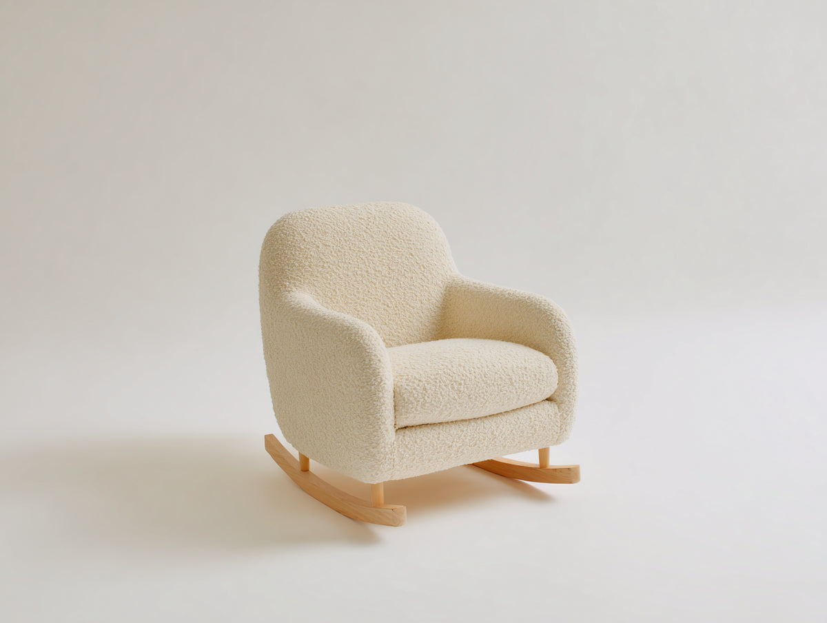 Schaukelstuhl Bouclé Stoff 78x85x95 cm Cremeweiß - Moderner Relaxsessel mit Holzschaukelkufen