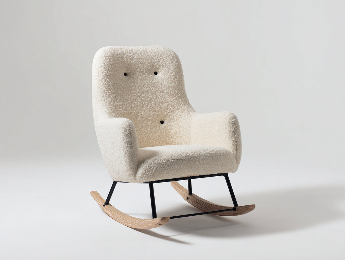 Schaukelstühle aus Bouclé Stoff und Metall 82x86x95 cm - Cremeweiß - modernes Design mit Holz Kufen