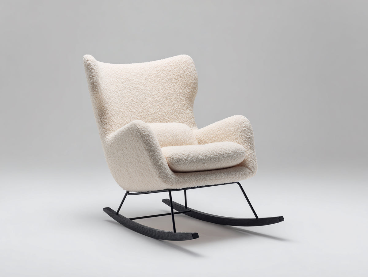 Schaukelstuhl aus Bouclé Stoff 90 x 85 x 95 cm - Cremeweiß - moderner Relaxsessel mit schwarzer Holzschaukelfunktion