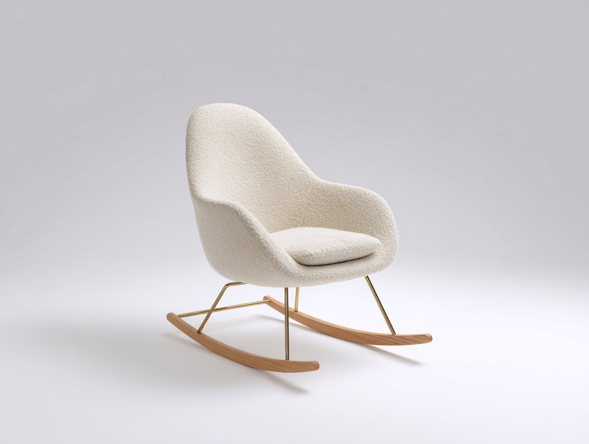Schaukelstuhl Bouclé Stoff 85x90x100 cm Cremeweiß - Moderner Relaxsessel mit Holzschaukelkufen