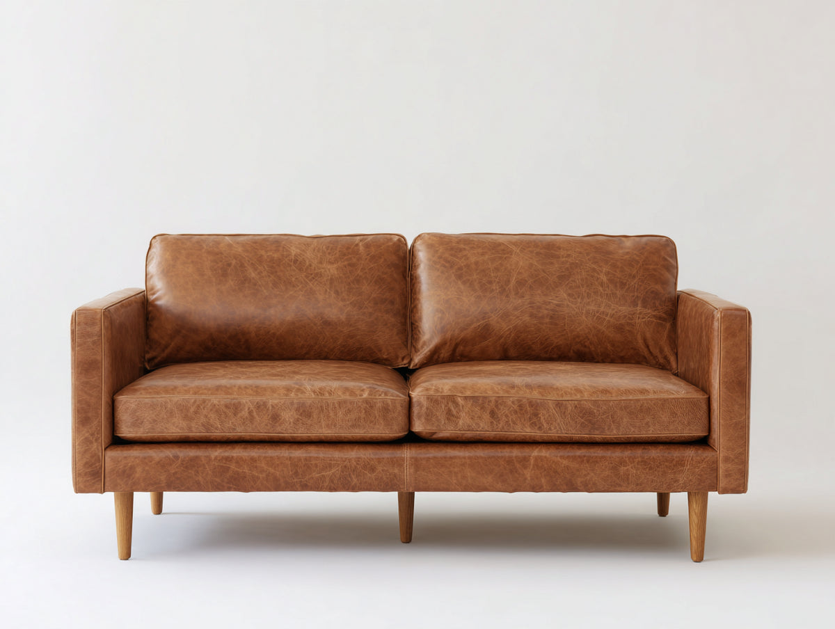 Zweisitzer Sofa Leder 175x88x82 cm - Cognacbraun - Modernes Sofa mit breiten Armlehnen und schlanken Holzfüßen