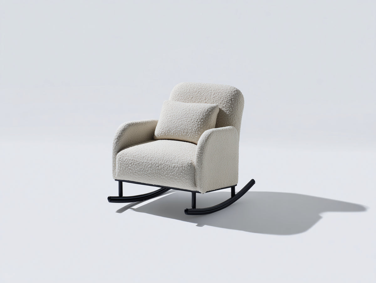Schaukelstühle aus Bouclé Stoff und Metall 82x86x95 cm - Cremeweiß - modernes Design mit schwarzem Schaukelgestell