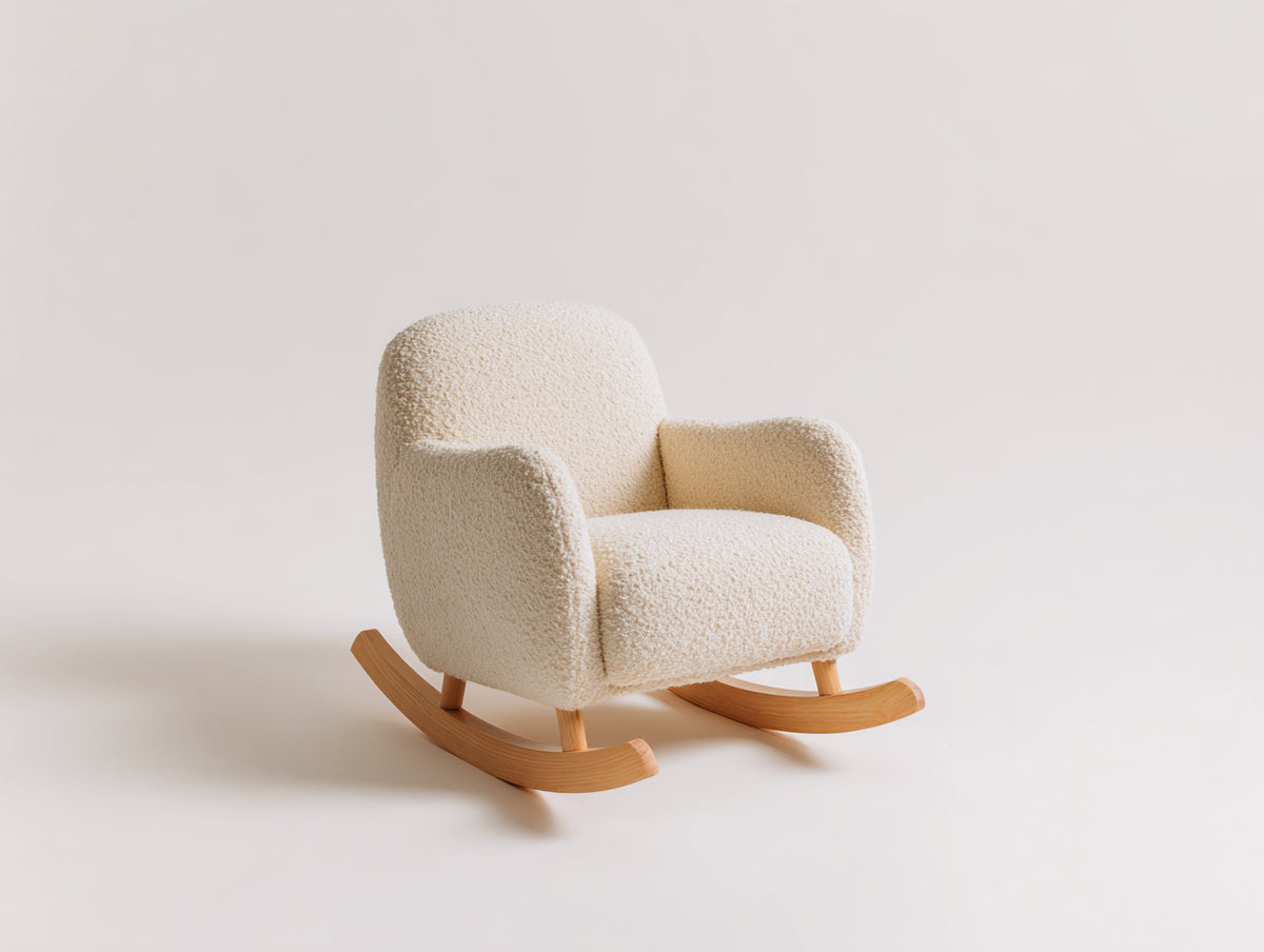 Schaukelstühle Bouclé 80x88x90 cm - Cremeweiß-Naturholz - Gepolsterter Schaukelstuhl mit breiten Armlehnen und Holzkufen