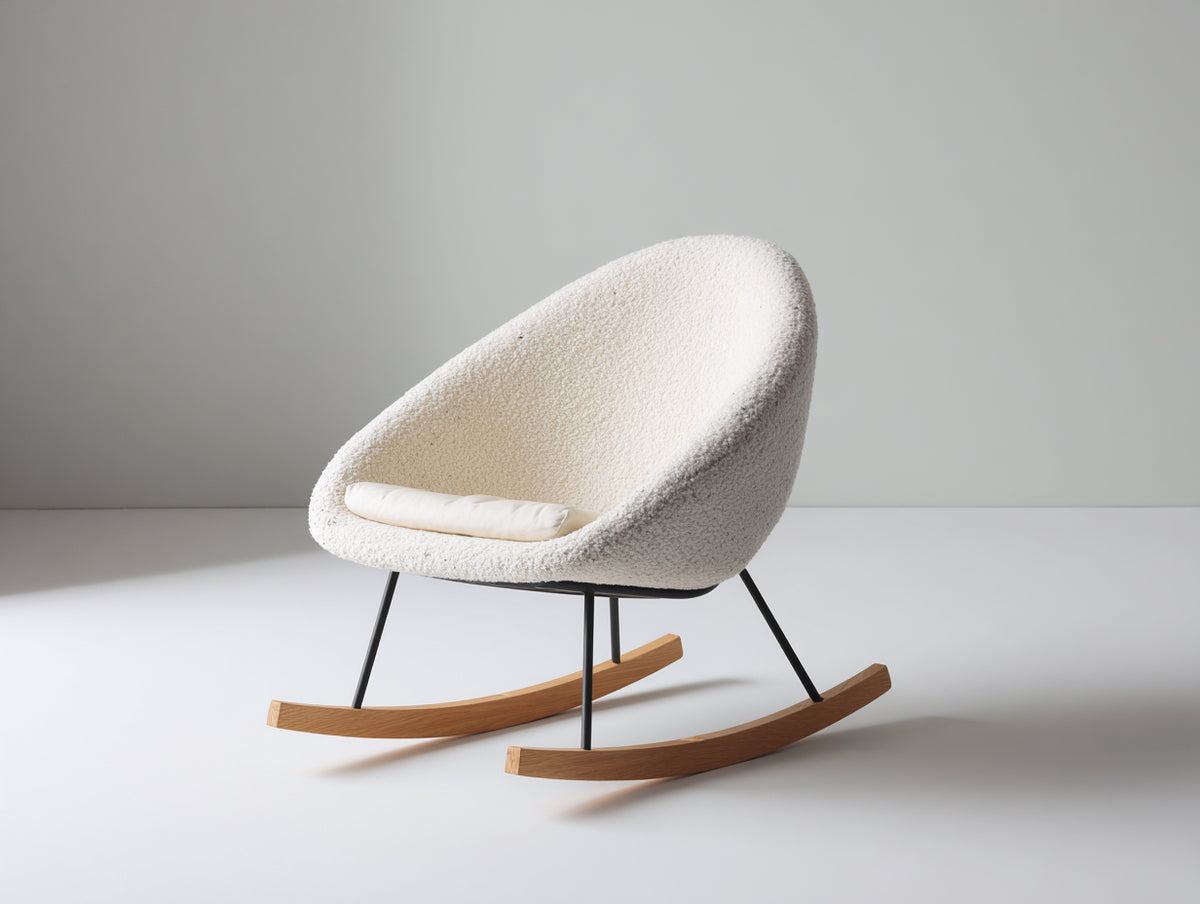 Schaukelstühle aus Bouclé Stoff und Metall 90x88x90 cm - Cremeweiß - modernes Design mit Holz Kufen