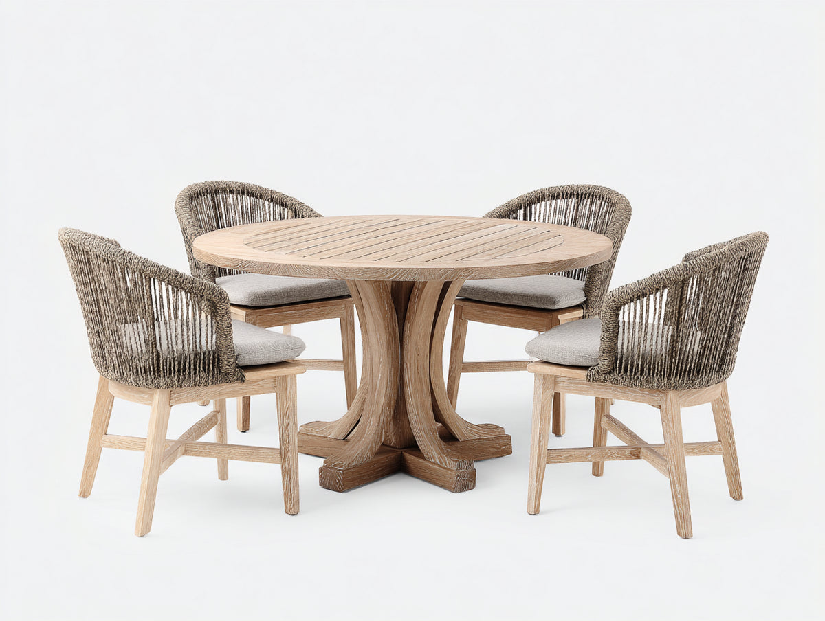 Garten Essgarnituren Holz und Geflecht 130x130x76 cm - Naturholz-Taupe-Beige - 5-teiliges Garten Essset mit rundem Tisch und 4 Armlehnstühlen